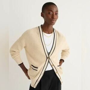 J.Crew Tipped Cotton Knit Pocket V-Neck Cardigan Sweater Beige Size Small